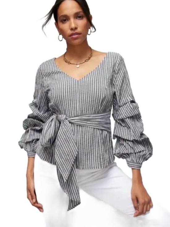 White House Black Market Tops - WHBM Seersucker Ruffle Statement Sleeve Blouse White House Black Market Size 4